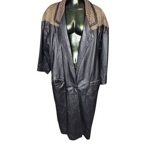 Vintage Pelle Womens Black Leather Trench Coat Jacket w/ Brown Accents Medium